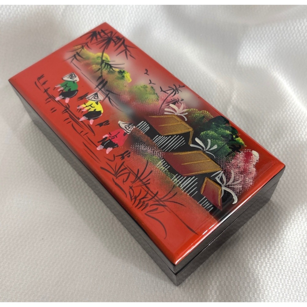 VTG Vietnamese Lacquer Trinket Box Red Black Hand Painted Village Scene Mirror